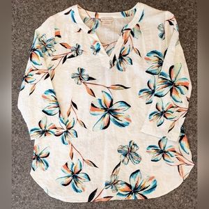 Van Heusen Floral Cotton Linen 3/4 Sleeve Small Top